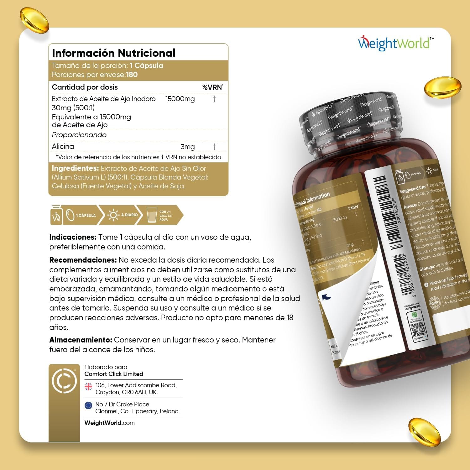 WEIGHTWORLD Aceite de ajo sin olor, 180 cápsulas - Imagen 2