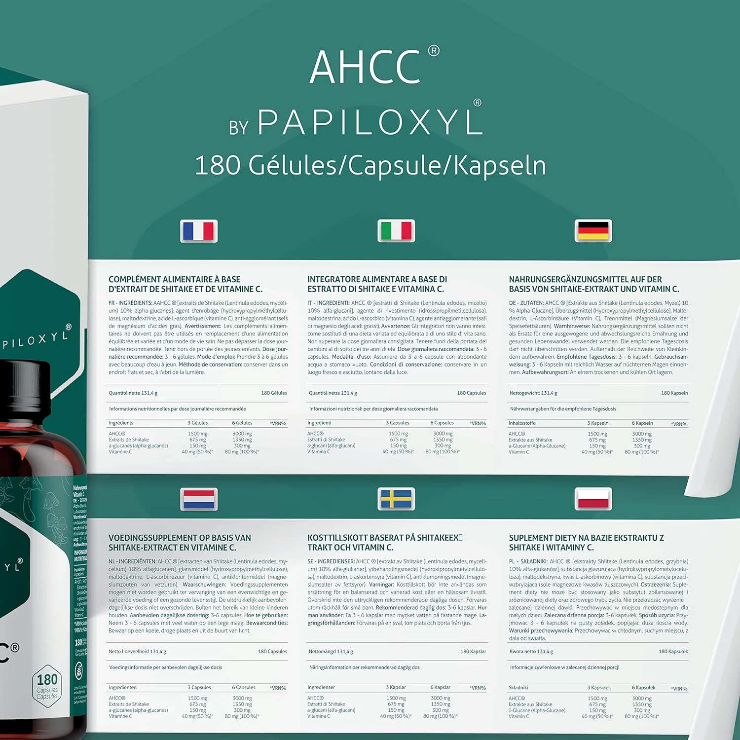 PAPILOXYL AHCC, extracto hongos 180 Cápsulas, - Imagen 2